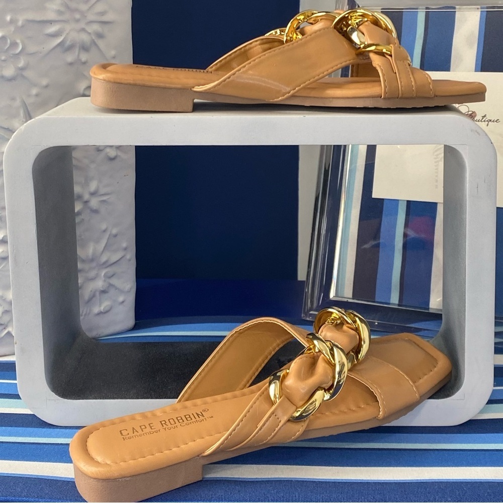 Nude cognac square toe cross cross gold chain hardware flat slide sandals - Picture 4 of 11